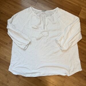 Lucky Brand Women 1X White Boho Peasant Blouse Embroidered Tassel Tie Gauze Top